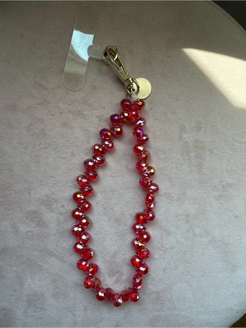 Red Beaded Phone Wrist Strap with Faceted Crystal Accent